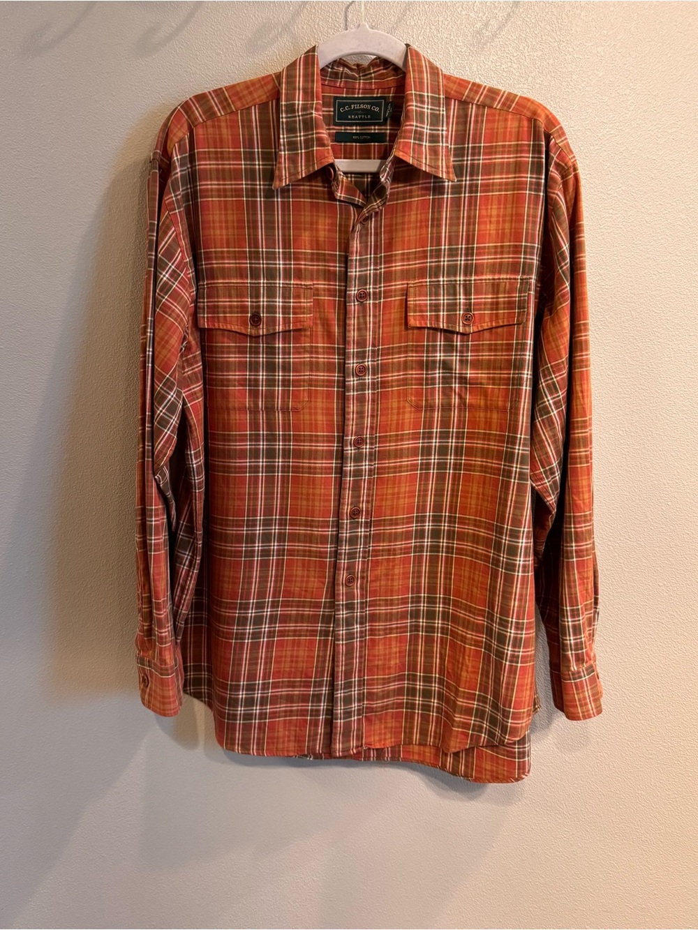Filson Vintage Orange,Brown and Green Plaid Button-Down Shirt